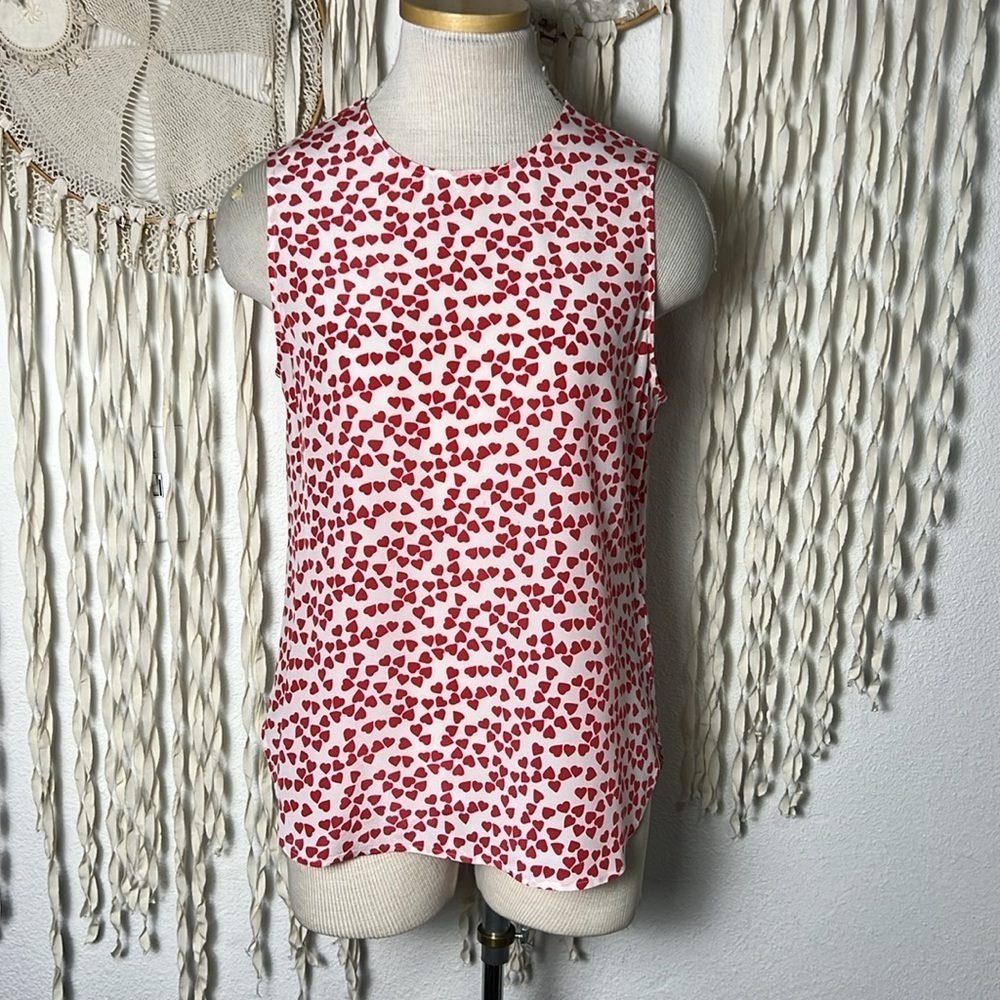 Equipment White with Red Heart Print Silk Sleeveless Button Down Blouse  Small